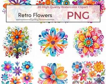 20 Watercolor Retro Flowers Clipart Set - Digital Download - Sublimation Designs, Groovy 60s and 70s Vibes, Groovy Watercolor PNG, Botanical