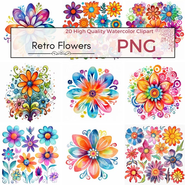 20 Watercolor Retro Flowers Clipart Set - Digital Download - Sublimation Designs, Groovy 60s and 70s Vibes, Groovy Watercolor PNG, Botanical