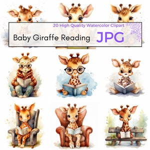 Aquarell Baby Giraffe lesen Clipart, hochwertige JPG, Kinderzimmer Wandkunst, Safari Tier Clipart Drucke, sofortiger Download, kommerzielle Nutzung