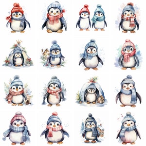 20 imágenes prediseñadas de acuarela de pingüino lindo, imágenes prediseñadas de Navidad, lindos estampados de pingüinos, arte de pared de Navidad, imprimibles, scrapbooking, descargas digitales