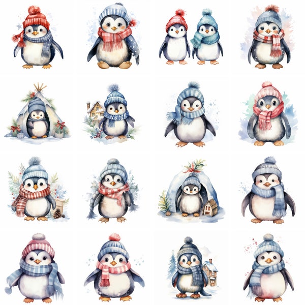 20 Cute Penguin Watercolor Clipart, Christmas clip art, cute penguin prints, xmas wall art, Printables, scrapbooking, digital downloads