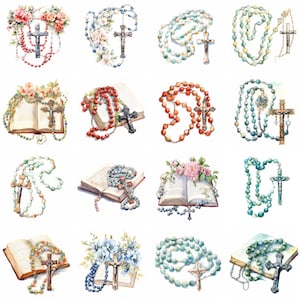 20 Clipart acquerello rosario cattolico, png di alta qualità, stampe religiose, clip art cattolico, stampabili, scrapbooking, download digitale