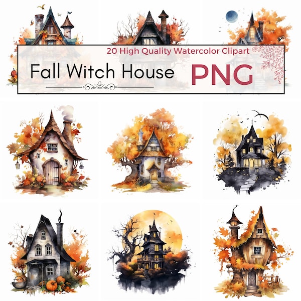 Watercolor Autumn Witch Houses Clipart PNG, fall cute cottages clip art, witch house graphics, spooky, instant download for commercial use