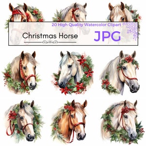 Watercolor Christmas Horse Clipart, christmas clipart horse clip art xmas sublimation Scrapbooking, Commercial Use, JPG Digital download
