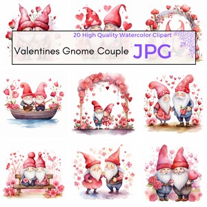 Watercolor Valentines Gnome Couple Clipart, High Quality JPG, Gnome Clipart, Valentines JPG, Gnome Graphics, Instant Download Commercial Use