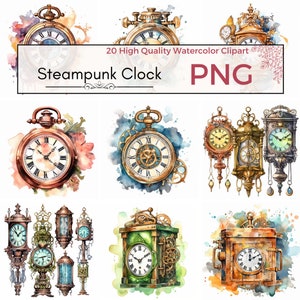 20 Steampunk Clock Watercolor Clipart Set - Vintage Clock Images, Steampunk Clipart, Digital Steampunk, Victorian Clipart, Steampunk Clipart