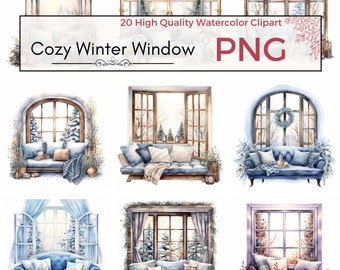 Cozy Winter Window Clipart, clipart de fenêtre png de haute qualité coin de lecture graphiques imprimables cottagecore Aquarelle clipart, Téléchargement instantané