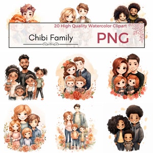 Chibi Family Clipart, png chibi carino clipart bambini famiglia grafica stampe clipart acquerello, creazione di cartoline, download istantaneo