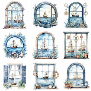 水彩画の航海窓クリップアート PNG、海洋クリップアート、窓のイラスト壁アート印刷物、船クリップアート、海、海の即時ダウンロード