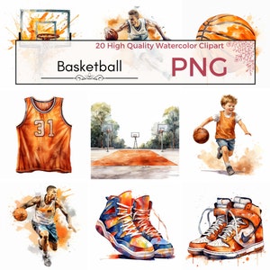 Clipart de baloncesto, imprimibles de baloncesto de imágenes prediseñadas deportivas png de alta calidad, uso comercial, imágenes prediseñadas de acuarela, fabricación de tarjetas, descarga instantánea