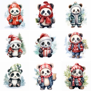 Aquarela Natal Baby Panda Clipart, png de alta qualidade, clipart de natal, inverno, panda fofo, impressões de arte de parede, sublimação, download instantâneo