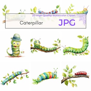 Watercolor Caterpillar Clipart, High Quality JPG, Cute Nursery Wall Art, Bug Clipart, Insect JPG Graphics, Instant Download, Commercial Use