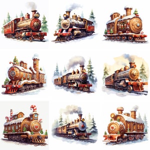 Clipart de tren de Navidad en acuarela, png de alta calidad, fabricación de tarjetas, imágenes prediseñadas de Navidad, arte de pared de invierno, impresiones, sublimación, descarga instantánea