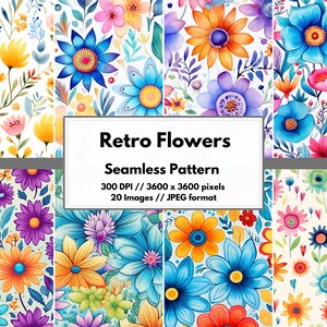 Papel digital de flores retro, JPG de alta calidad, patrón digital floral, papel retro sin costuras, scrapbooking, descarga digital, uso comercial