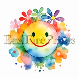 20 Retro Groovy Smiley Face Clip Art, Watercolor Clipart, Hippie, High ...