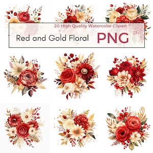 Clipart floral vermelho e dourado, PNG de alta qualidade, enfeites de flores PNG, rosa dourada, arte de sublimação floral, criação de cartões, download instantâneo