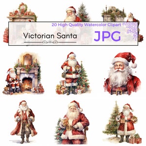Clipart vitoriano de Papai Noel em aquarela, imprimíveis de férias, impressão de Papai Noel, clipart de Natal, álbum de recortes, uso comercial, download digital