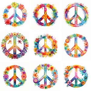 20 Clipart acquerello retrò segno di pace, png di alta qualità, png groovy, clip art hippie, stampabili, diario, scrapbooking, download digitale