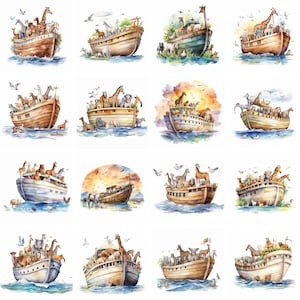20 Noahs Ark Clipart Watercolor, christian clip art, religious prints, catholic, bible, Printables, journal, scrapbooking, digital download