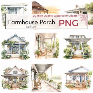 19 Watercolor Farmhouse Porch Clipart PNG | Cozy Aesthetic, Summer Designs, Commercial Use, Instant Download, Farmer, Porch Clipart, Prints