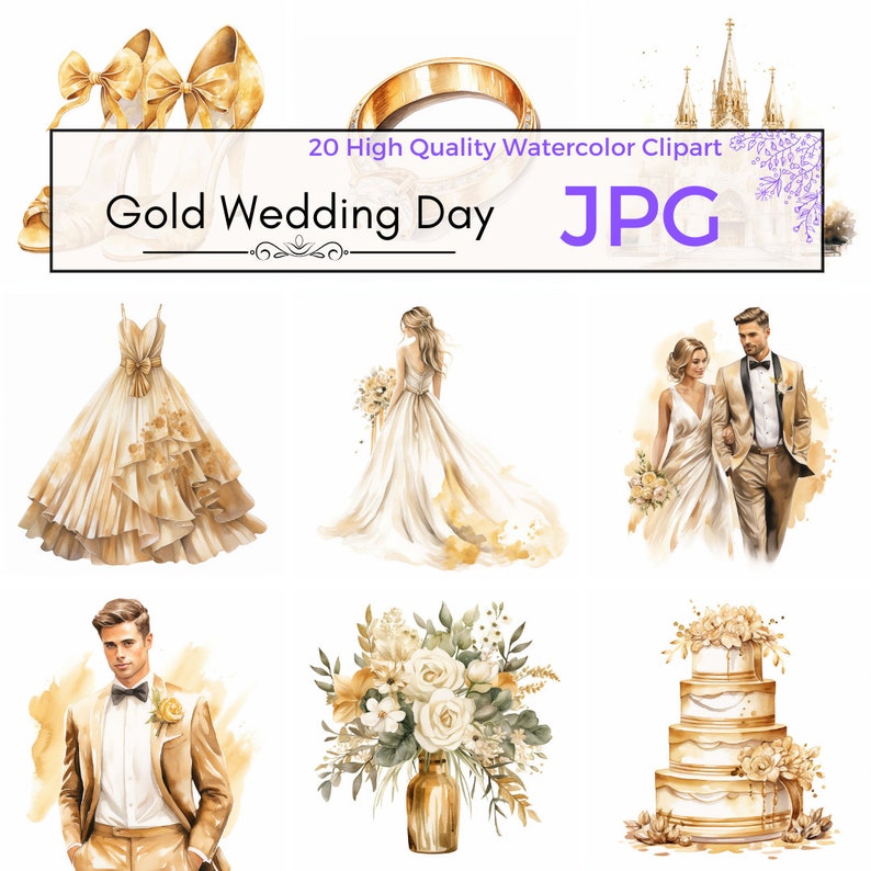Watercolor Gold Wedding Day Clipart Bride and Groom Clipart Etsy