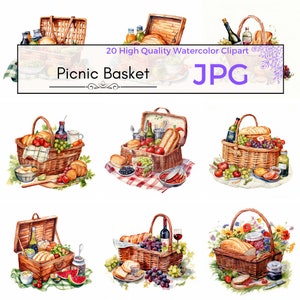 Watercolor Picnic Clipart, picnic illustrations food clipart summer spring sublimation Scrapbooking, Commercial Use, JPG Digital download