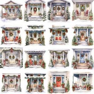 Watercolor Christmas Porch Clipart, high quality png, holiday, winter graphics, festive clip art, prints, Sublimation, instant download