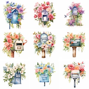 Aquarel bloemen brievenbussen clipart PNG, schattige rustieke brievenbussen brievenbus, verzendkosten illustraties, bloemen, instant download voor commercieel gebruik