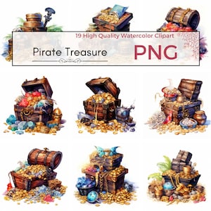 Clipart del tesoro pirata, monedas de oro PNG de alta calidad cofre del tesoro Gráficos de imágenes prediseñadas png Imágenes prediseñadas de acuarela, Fabricación de tarjetas, Descarga instantánea
