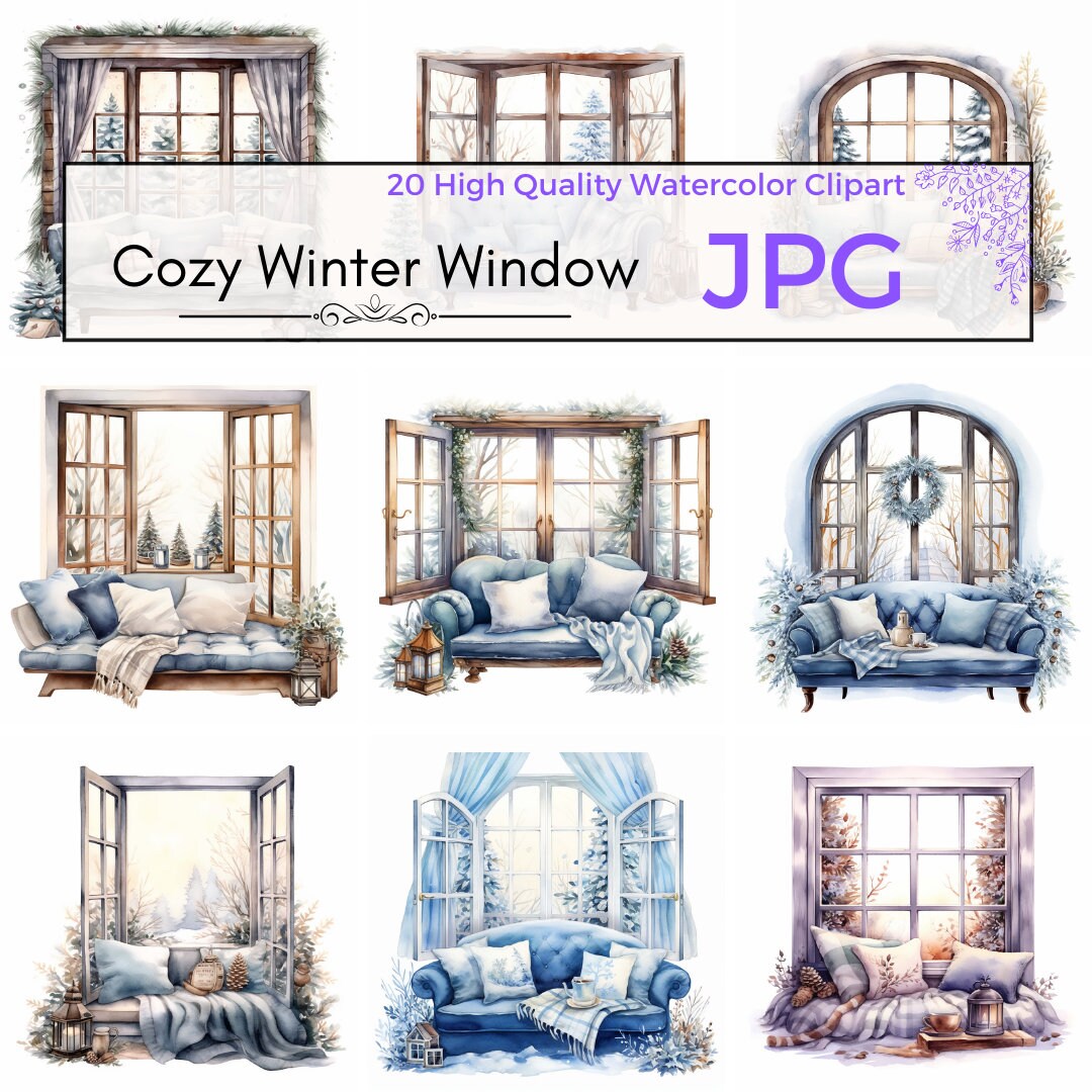 Watercolor Cozy Winter Window Clipart, Winter Clipart Window ...