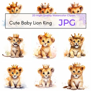 Aquarel schattige baby Lion King clipart, hoge kwaliteit JPG, dierlijke clipart, kinderkamer kunst aan de muur, digitale planner, commercieel gebruik digitale download
