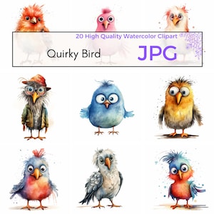 Acuarela divertida y peculiar pájaro clipart, JPG de alta calidad, lindo arte de pared de pájaro caprichoso, imágenes prediseñadas de vivero, descarga digital, uso comercial