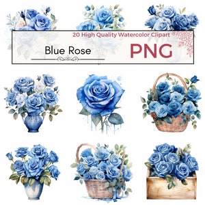 Blue Rose Clipart, high quality png floral png rose sublimation cute flower graphics prints Watercolor clipart Card making, Instant download