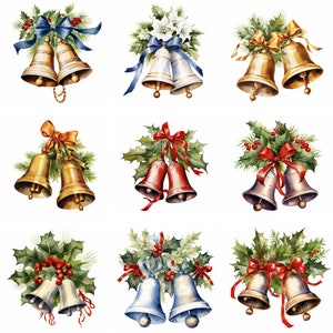 Watercolor Christmas Bells Clipart PNG files, high quality Xmas clip art printables wall art, jingle bells card making scrapbooking graphics