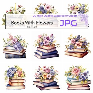 Watercolor Books With Flowers Clipart, bookworm books clipart floral books printables Scrapbooking, Commercial Use, JPG Digital download