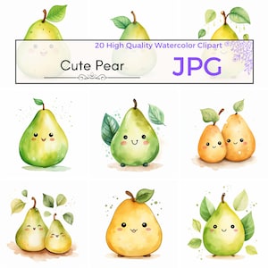 Acquerello carino pera Clipart, carino clipart frutta jpg arredamento vivaio kawaii arte stampabili Scrapbooking, uso commerciale, download digitale JPG