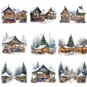 Acuarela Winter Market Shops Clipart, archivos png de alta calidad, imprimibles de imágenes prediseñadas de invierno, arte de pared, scrapbooking, Navidad, gráficos navideños