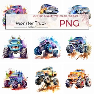 Set von 20 Aquarell Monster Truck Clipart Bundle, Fahrzeug Illustrationen | Digitaler Download, kommerzielle Nutzung, Monster Truck PNG, Auto, Kinder