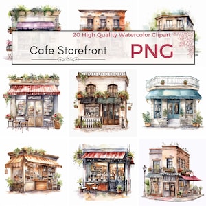 20 Watercolor Cafe Storefronts Clipart PNG, Cute Coffee Shop Cafe, Digital Download, Commercial Use, Cute, Scenic