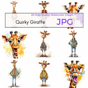 Watercolor Quirky Giraffe Clipart, High Quality JPG, Safari Animals Wall Art, Giraffe Wall Art, Journal, Digital Download, Commercial Use