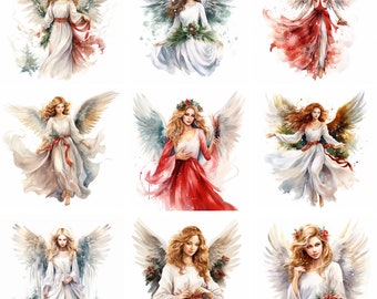 Watercolor Christmas Angel Clipart PNG files, Xmas clip art, wall, printables, graphics, winter holiday, srapbooking, junk journal