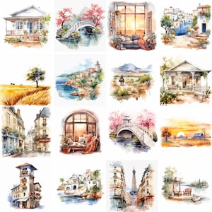 180 PNG Watercolor Scenery Clipart Bundle, Lake, French, Mediterranean Clipart, window clipart, western clipart, spring, summer, ranch, sea