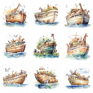 Watercolor Noah&#39;s Ark Clipart, high quality png, christian clipart, religious wall art, christian Prints, Sublimation, instant download