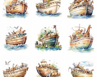 Watercolor Noah's Ark Clipart, high quality png, christian clipart, religious wall art, christian Prints, Sublimation, instant download