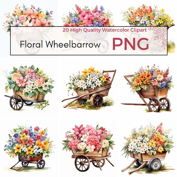 Floral Wheelbarrow Clipart, High Quality PNG, Spring Clipart, Flower Garden PNG, Floral Sublimation, Instant Download, Commercial Use