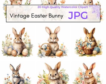 Watercolor Vintage Easter Bunny Clipart, High Quality JPG, Easter Clipart, Easter Wall Art Bunny Sublimation Commercial Use Digital Download