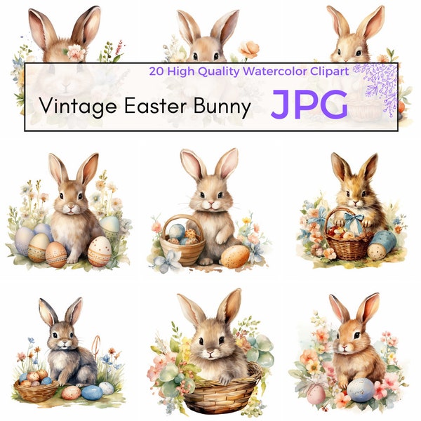 Watercolor Vintage Easter Bunny Clipart, High Quality JPG, Easter Clipart, Easter Wall Art Bunny Sublimation Commercial Use Digital Download