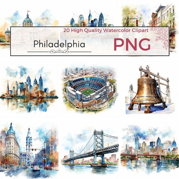 Philadelphia Clipart, high quality png city clipart Pennsylvania png city of brotherly love Watercolor clipart Card making, Instant download