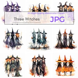 Watercolor Three Witches Clipart, Witch JPG, Halloween Clipart, Spooky, Witchcraft Art Scrapbooking, Commercial Use, JPG Digital download