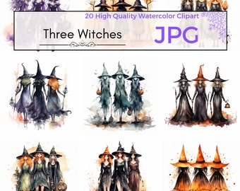 Watercolor Three Witches Clipart, Witch JPG, Halloween Clipart, Spooky, Witchcraft Art Scrapbooking, Commercial Use, JPG Digital download